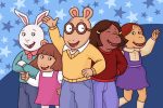 An illustration depicts the cast from Arthur, an animated children's television show.