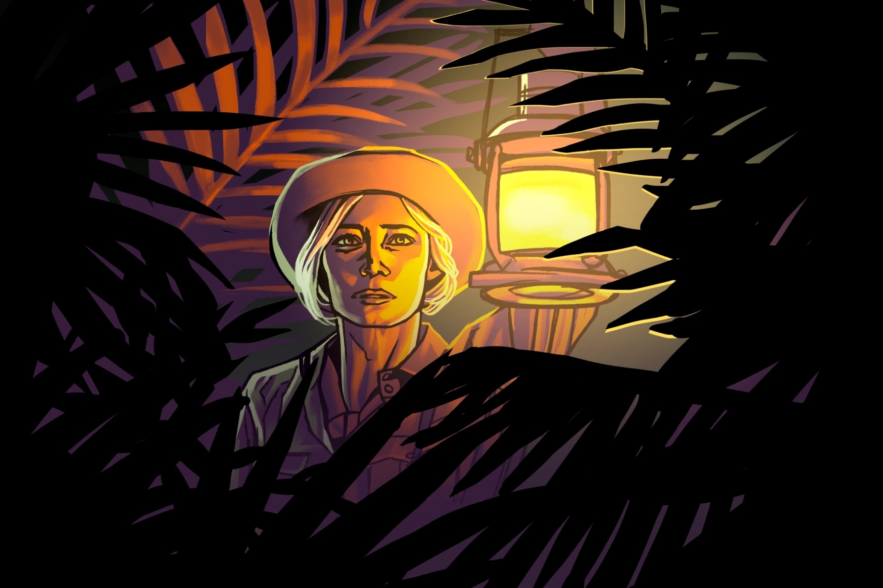 An illustration depicts the main character of Jungle Cruise, played by Emily Blunt, holding a lantern in the midst of dense jungle foliage.