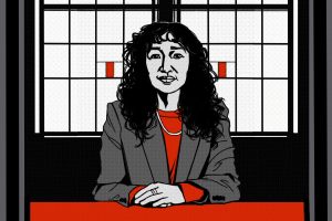 In an article about the Chair, Sandra Oh's character sits in shades of black and bright red against a black and white background.