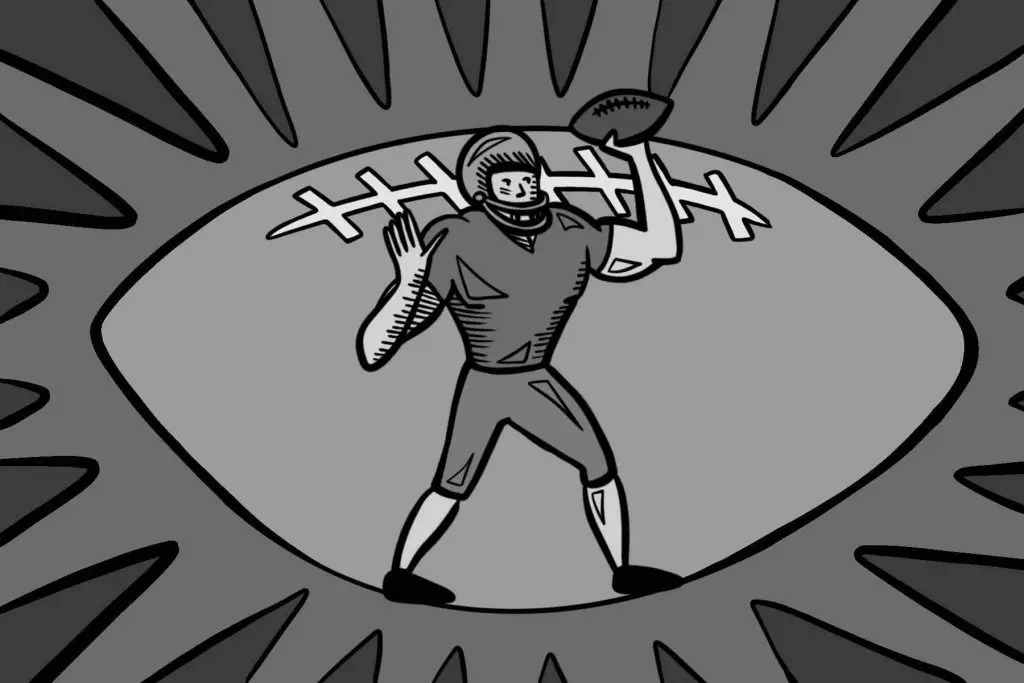 In an article about EA Sports, a black and white illustration of a football player holding a football while standing in front of an even larger football.
