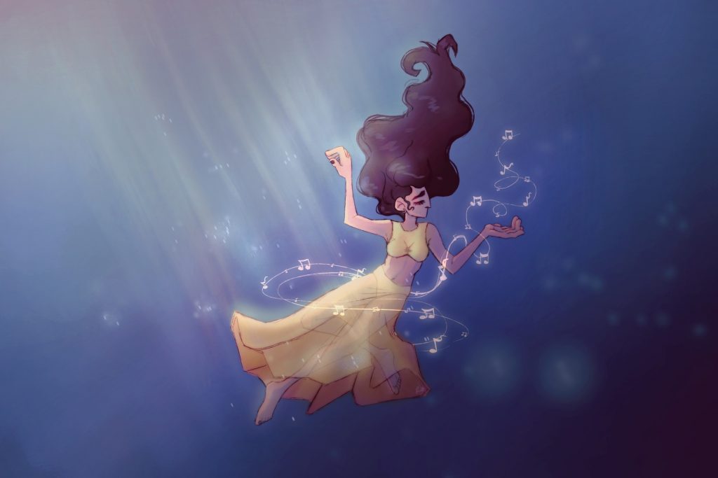 In an article about Solar Power by Lorde, Lorde floats in an open ocean in a pale yellow dress.