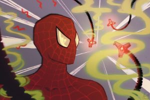 In an article about Spider-Man, Spider-Man stands framed by Doc Ock's metal tentacles against a background rife with action lines.