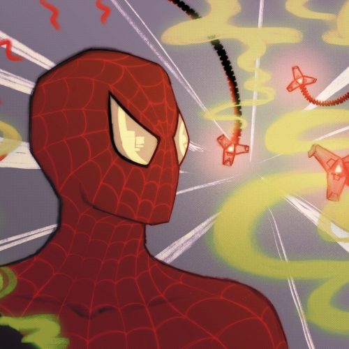 In an article about Spider-Man, Spider-Man stands framed by Doc Ock's metal tentacles against a background rife with action lines.