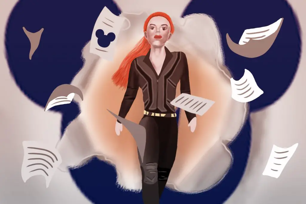 An illustration of Scarlett Johansson in her role as the Black Widow, striding away from an explosion of papers with the Mickey Mouse logo on them, signifying her lawsuit against Disney.