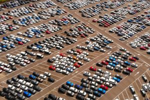 Aerial photograph of a car lot