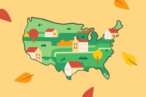 in article about small towns, a cutout of the continental United States with small rural houses in the center