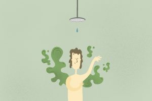 An illustration of a man bathing, emitting green fumes to represent stench, to accompany an article about Hollywood celebrities' anti-bathing stances.