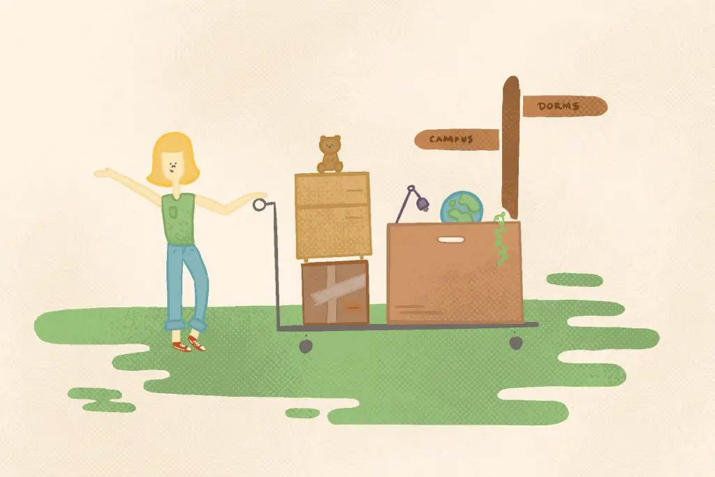 An illustration of a girl on college move-in day, pushing a cart piled with suitcases past a directional sign reading campus and dorms.