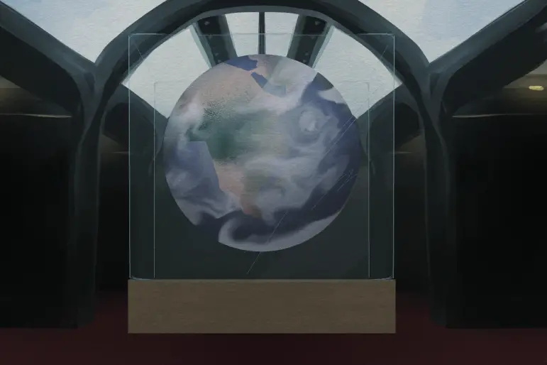 In an article about museums, an illustration of the earth hanging up in a well-lit room.