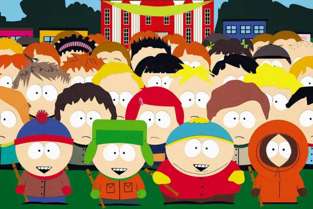 Screenshot from the show "South Park" of a bunch of cartoon characters standing together facing the camera.