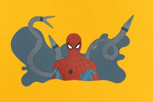 An illustration to accompany an article about the No Way Home trailer, Spider-Man is framed by Dr. Octopus's mechanical tentacles.