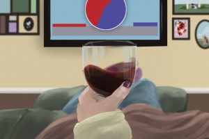 In an article about the political demographic of wine moms, an illustration of someone holding wine in front of a TV screen.