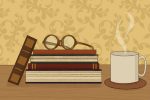 in an article about obscure book genres, glasses sitting on a stack of books, next to a mug