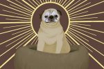 An illustration of Noodle the pug sitting in his bed