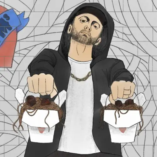 An illustration of Eminem holding spaghetti for his new Detroit restaurant called Mom's Spaghetti.