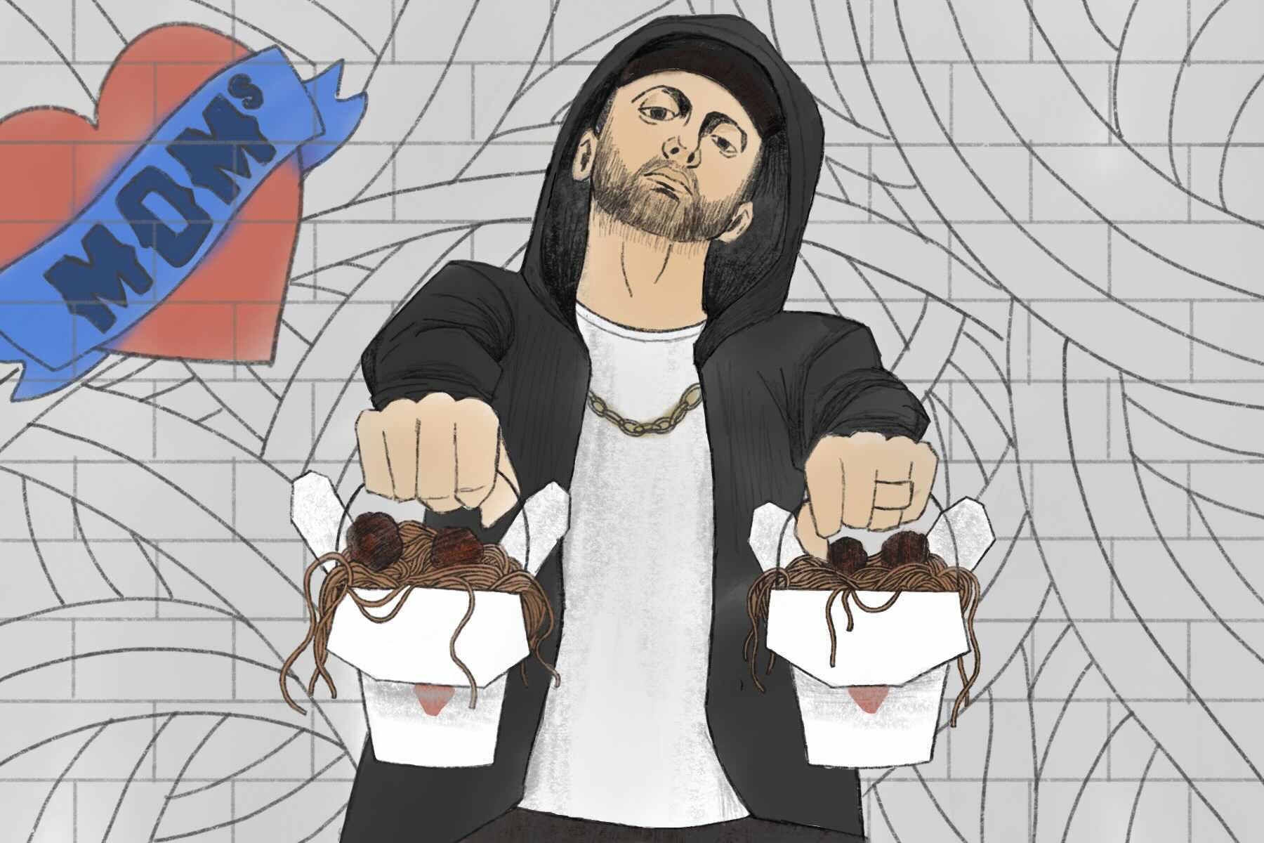 An illustration of Eminem holding spaghetti for his new Detroit restaurant called Mom's Spaghetti.