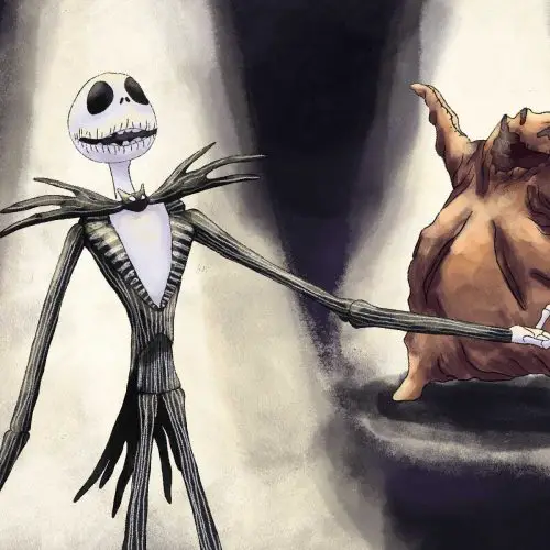 Illustration of Jack Skellington and Oogie Boogie from The Nightmare Before Christmas