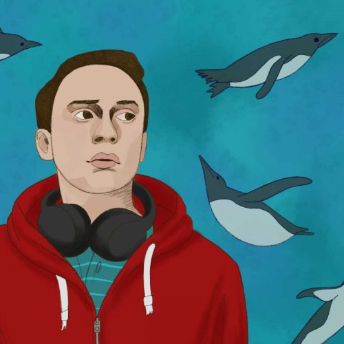 Sam from Atypical surrounded by penguins