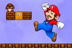 Chris Pratt as Mario jumps in the environment of a Super Mario Bros. video game.