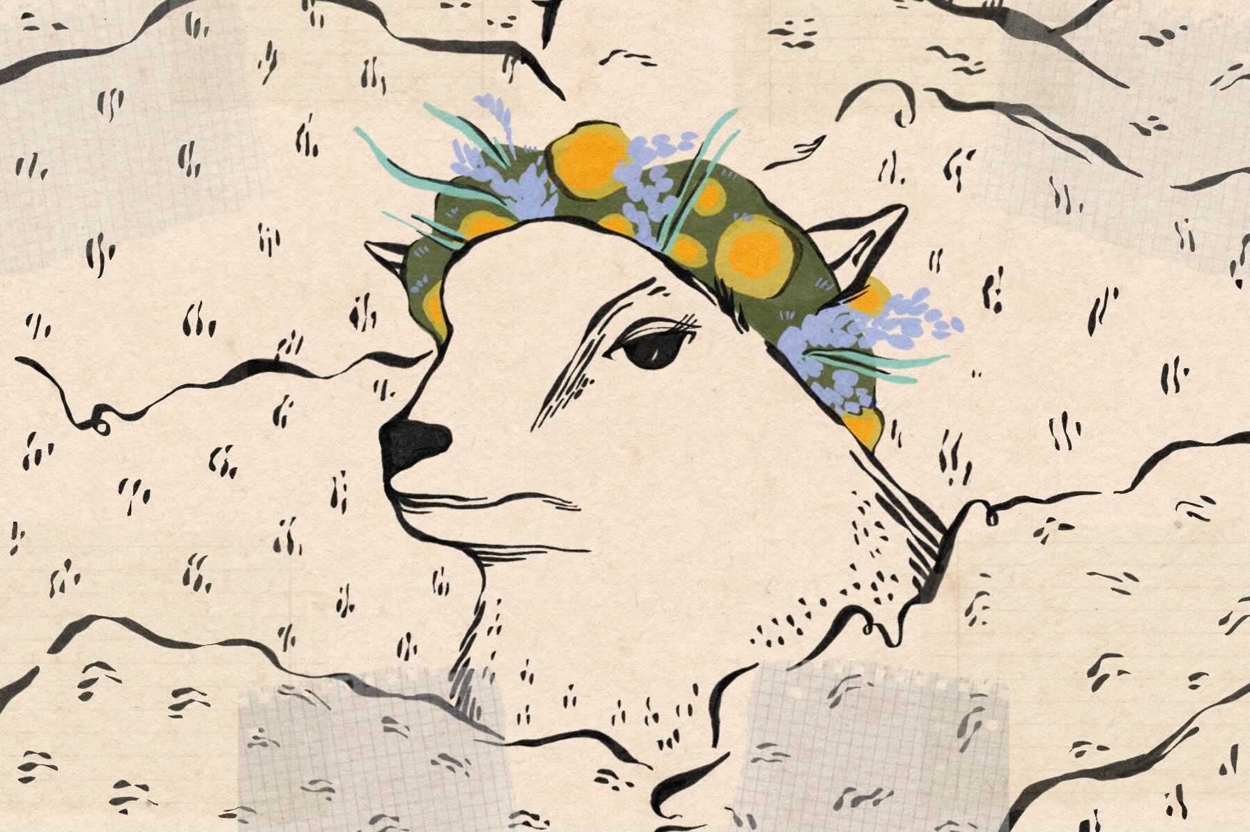 Lamb with a crown of flowers