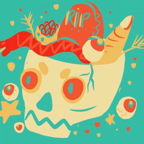 in article about vegan Halloween, an illustration of a skull with candied fingers and tombstones coming out