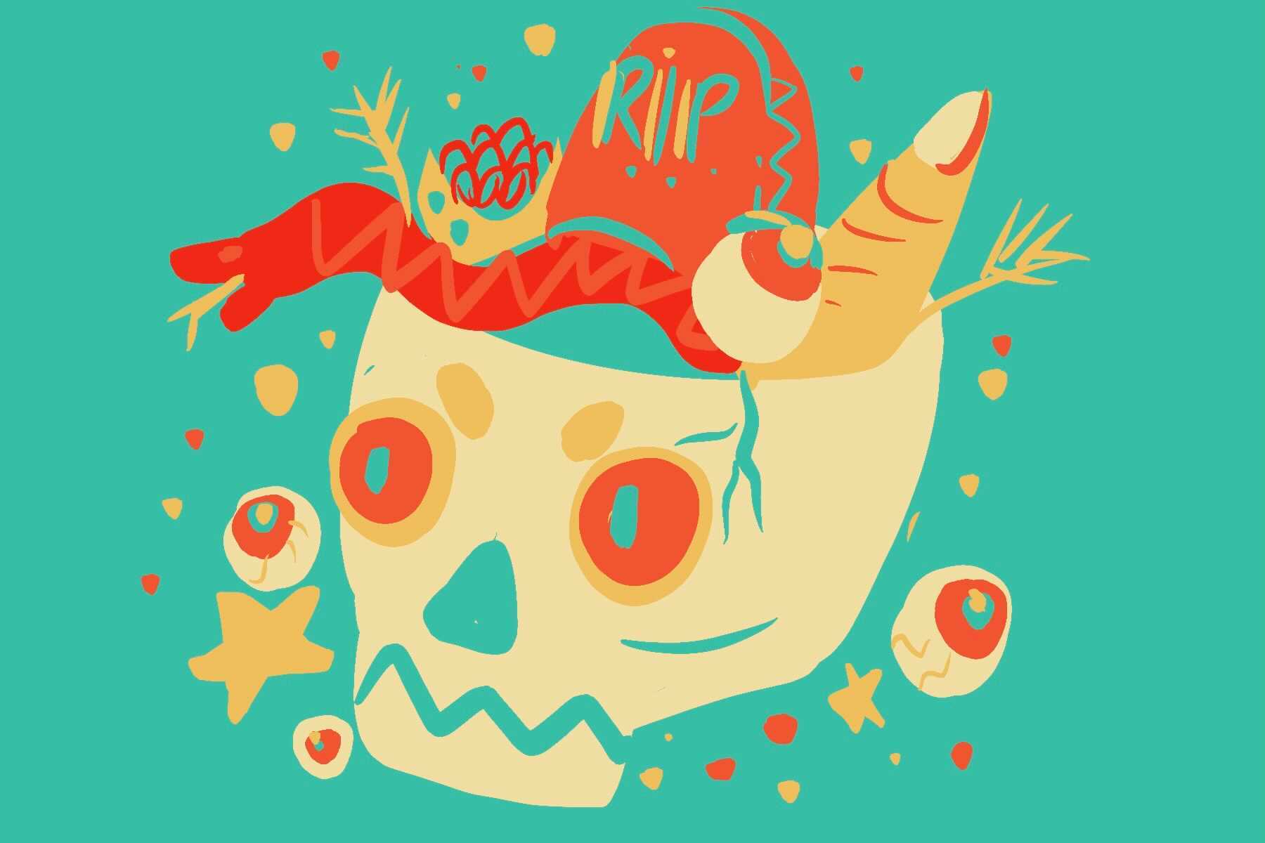 in article about vegan Halloween, an illustration of a skull with candied fingers and tombstones coming out