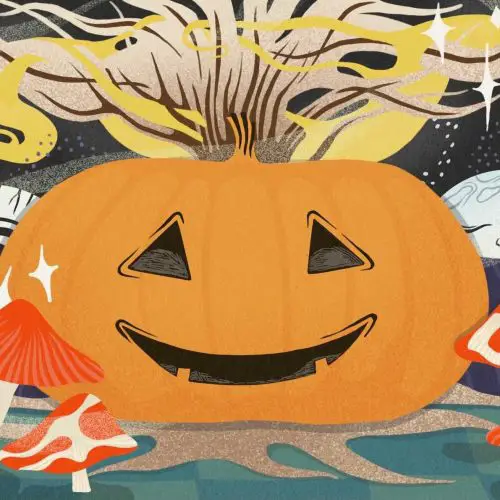 A pumpkin surrounded by mushrooms for a Halloween activities article.
