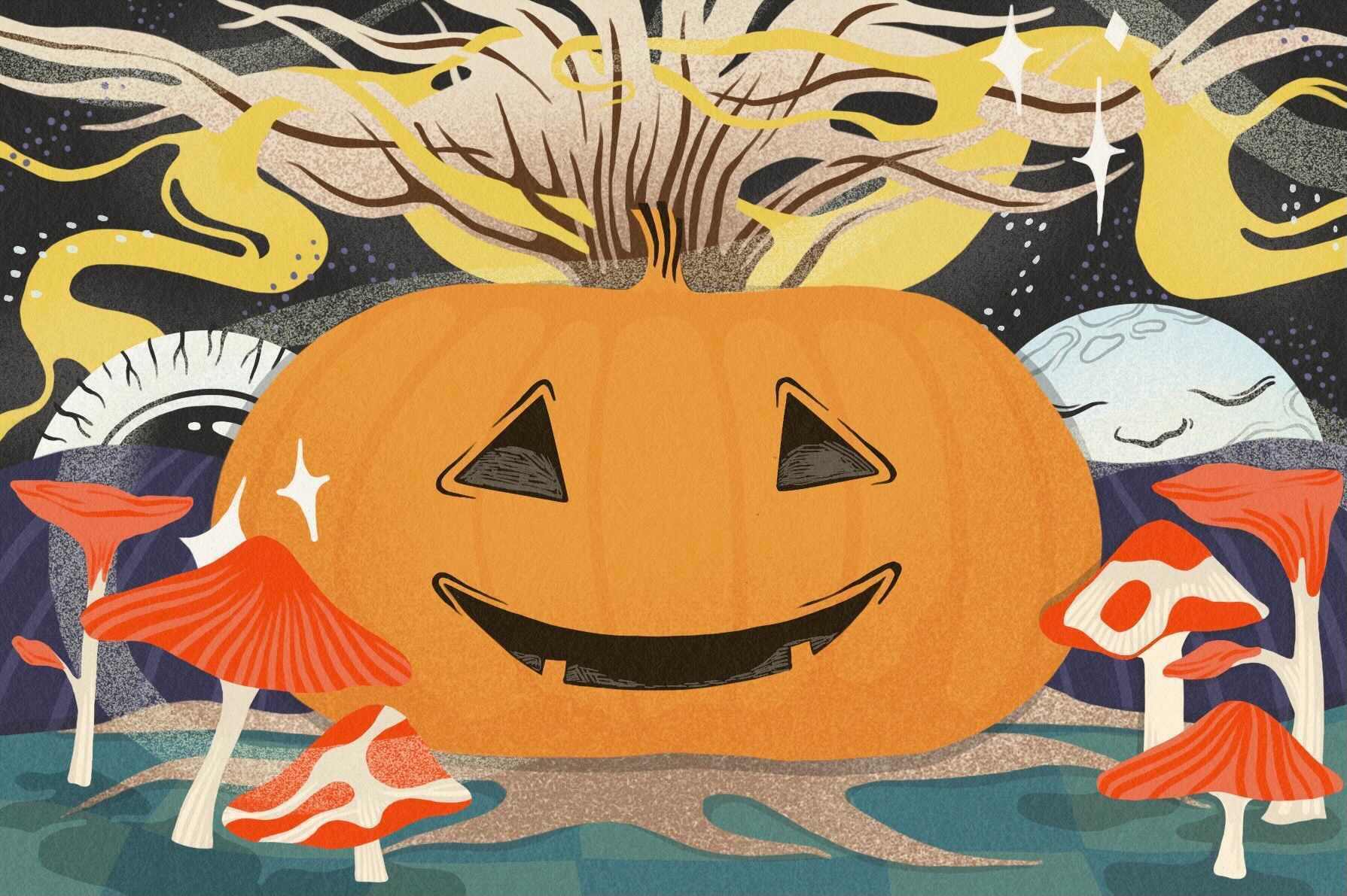 A pumpkin surrounded by mushrooms for a Halloween activities article.