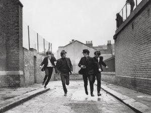 Screenshot of the Beatles from the movie Hard Day's Night