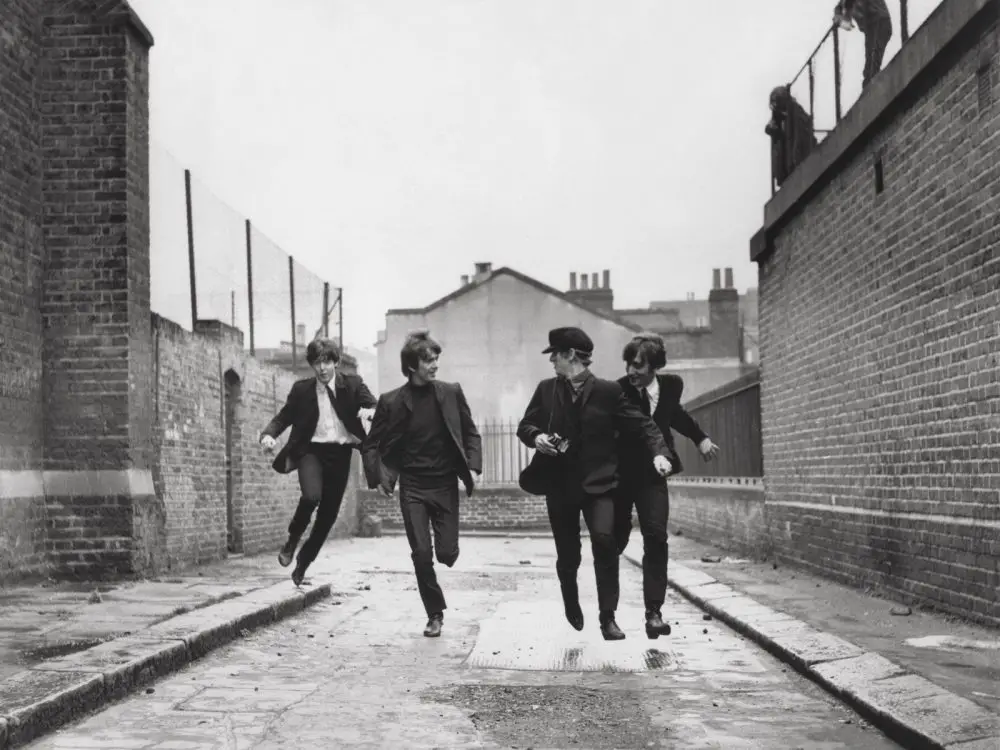 Screenshot of the Beatles from the movie Hard Day's Night