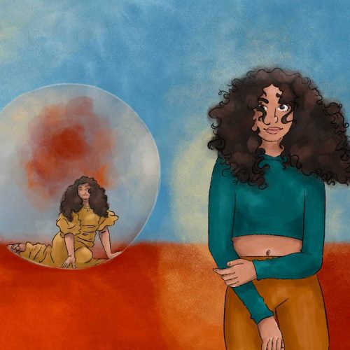 In an article about In the Meantime, an illustration of Alessia Cara's "In the Meantime" album cover of Cara inside a bubble, with the addition of a second Cara standing on the outside.