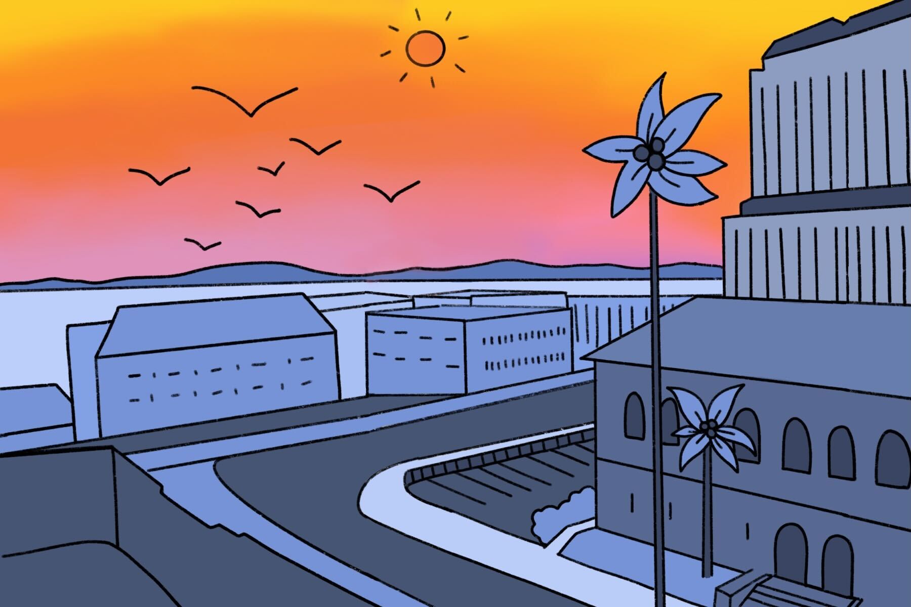 illustration of koreatown at sunset