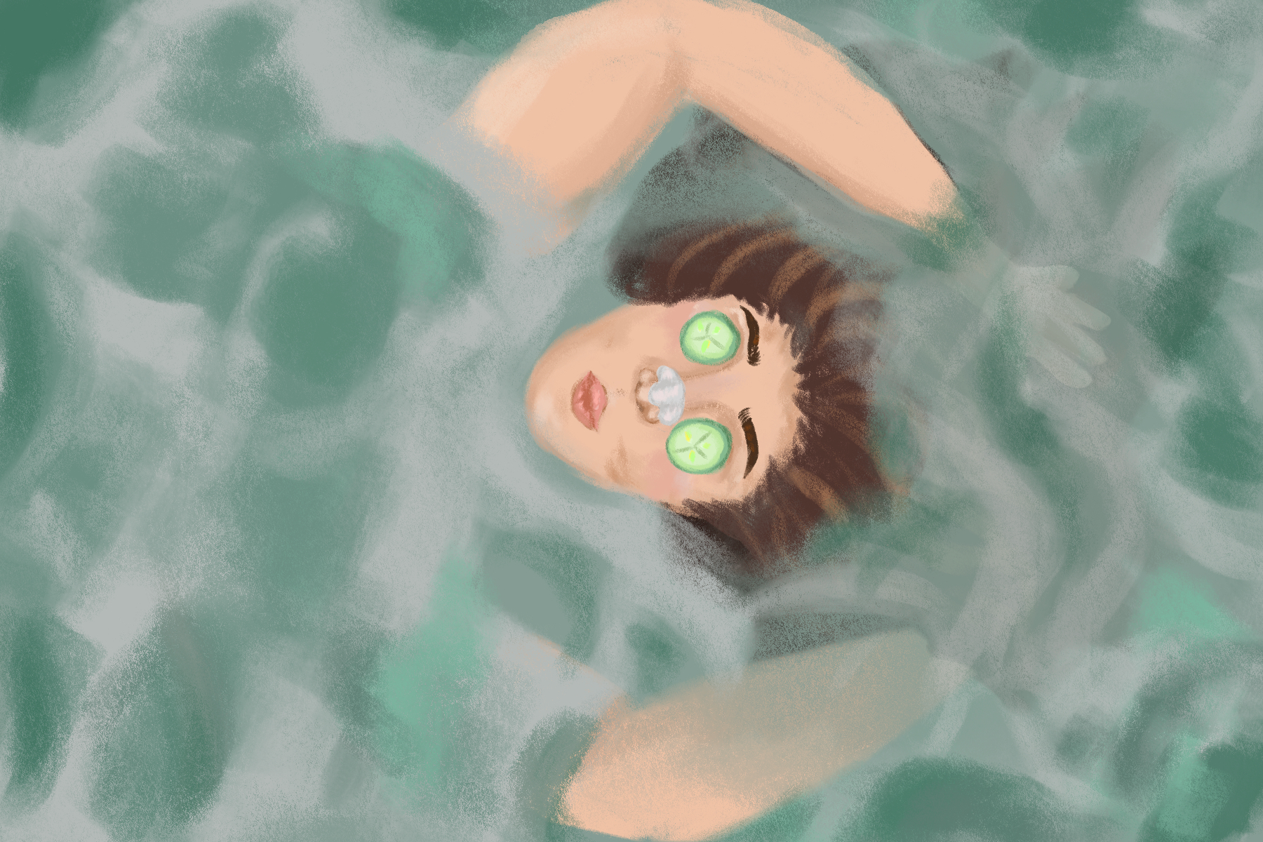 A person floats in a pool with cucumber peels over their eyes for an article about self-care.