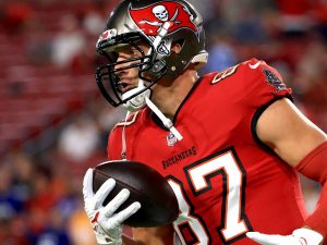 A photo of football player Rob Gronkowski on the field in his Tampa Bay Buccaneers uniform.