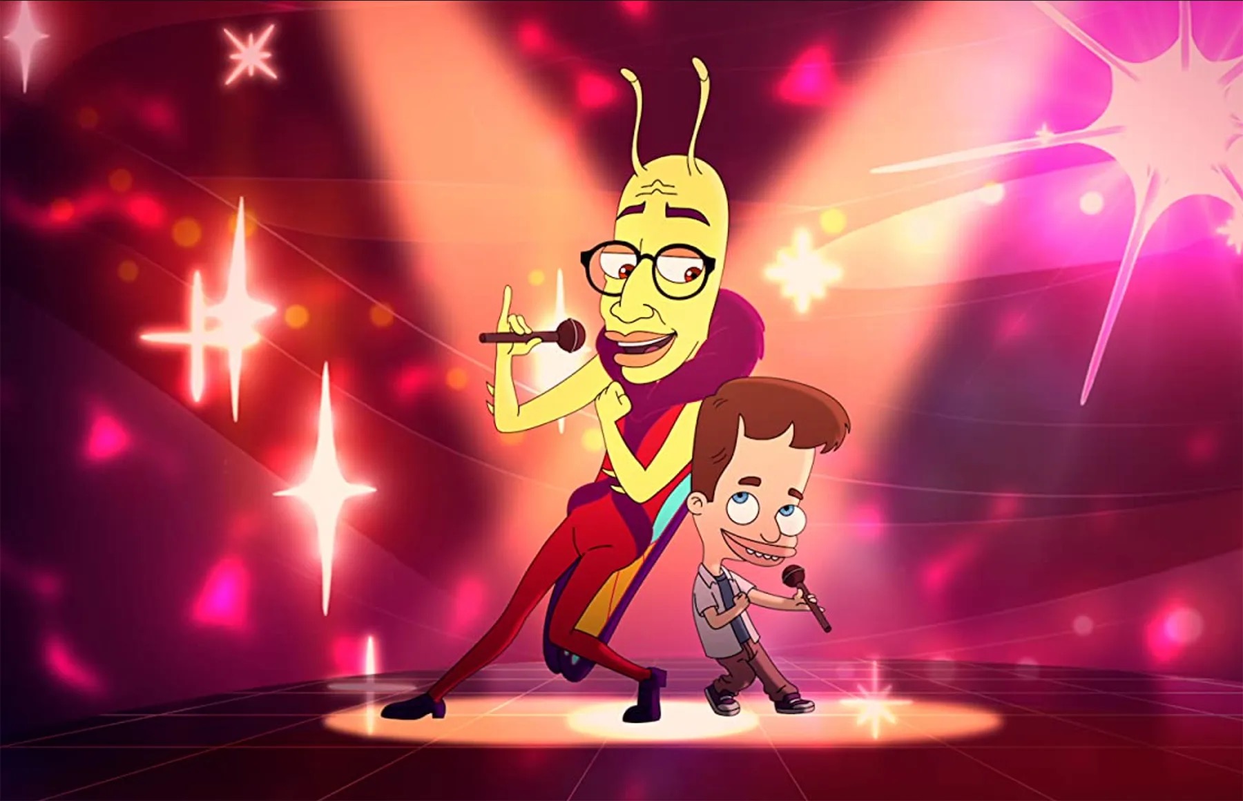 A still from Netflix original "Big Mouth," featuring two characters singing together.