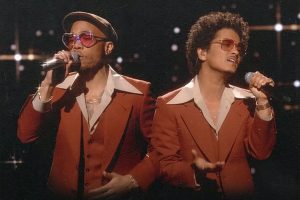 Photo of Anderson .Paak and Bruno Mars performing as their new collaborative duo, Silk Sonic.