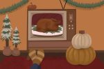 in article about Thanksgiving movies, someone watching a TV with a turkey on it
