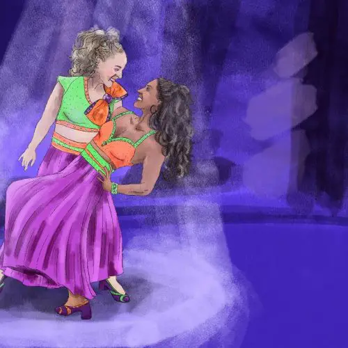 Illustration of JoJo Siwa and Jenna Johnson as the first same-sex dance pair on "Dancing With The Stars."