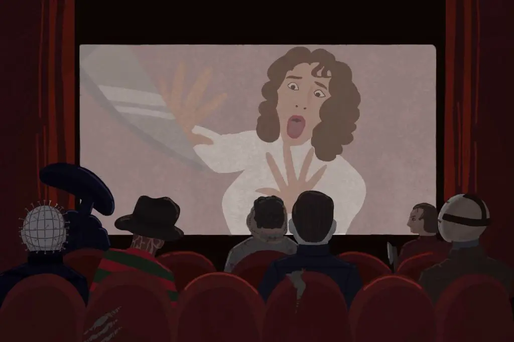 Horror movie characters sit in a movie theater, watching a girl and knife