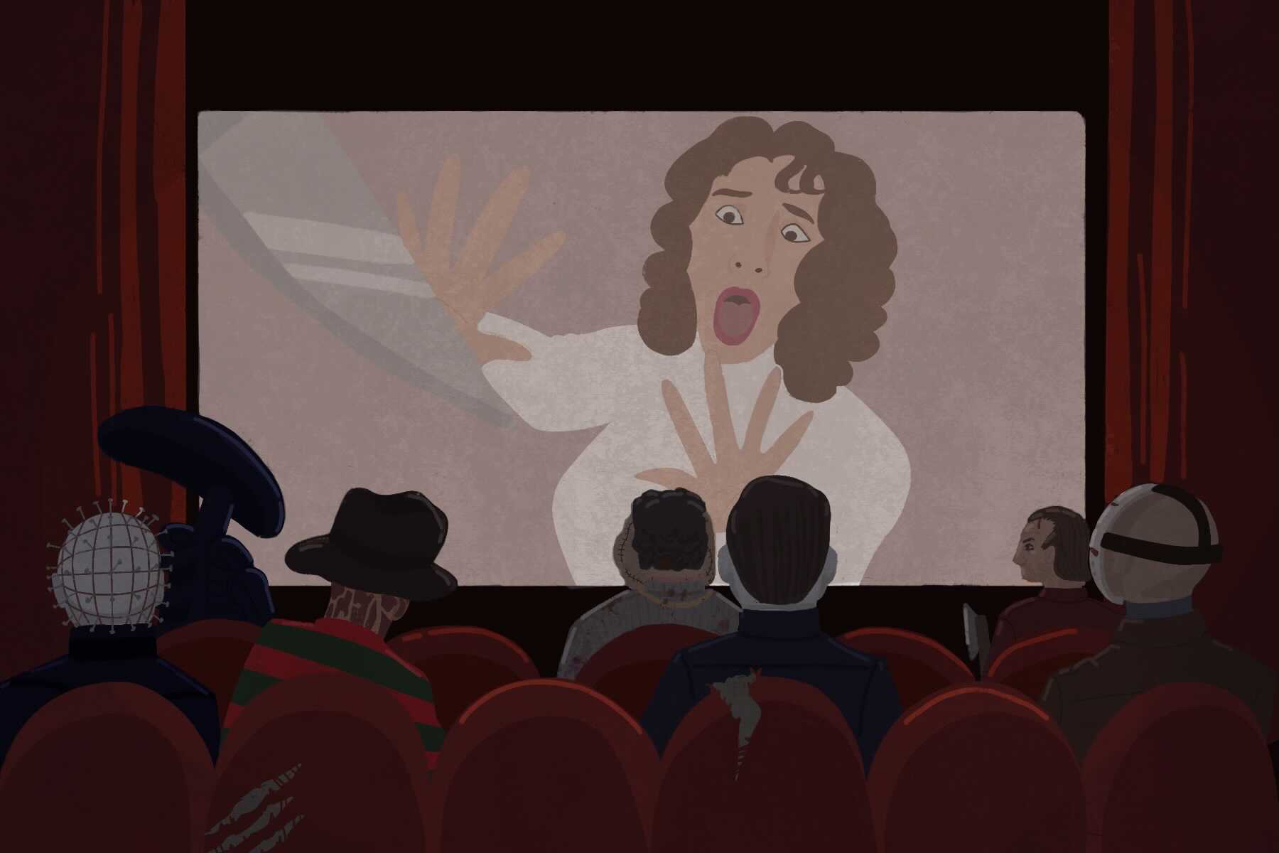 Horror movie characters sit in a movie theater, watching a girl and knife