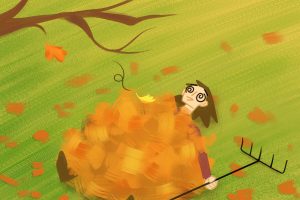 A visibly tired person lays underneath a pile of autumn leaves with a rake in their hand.
