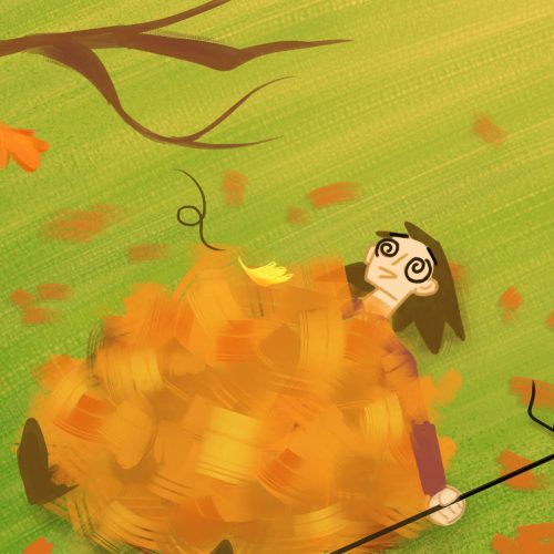 A visibly tired person lays underneath a pile of autumn leaves with a rake in their hand.
