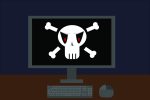 An illustration of a computer with a skull and crossbones on the screen in an article about hackers