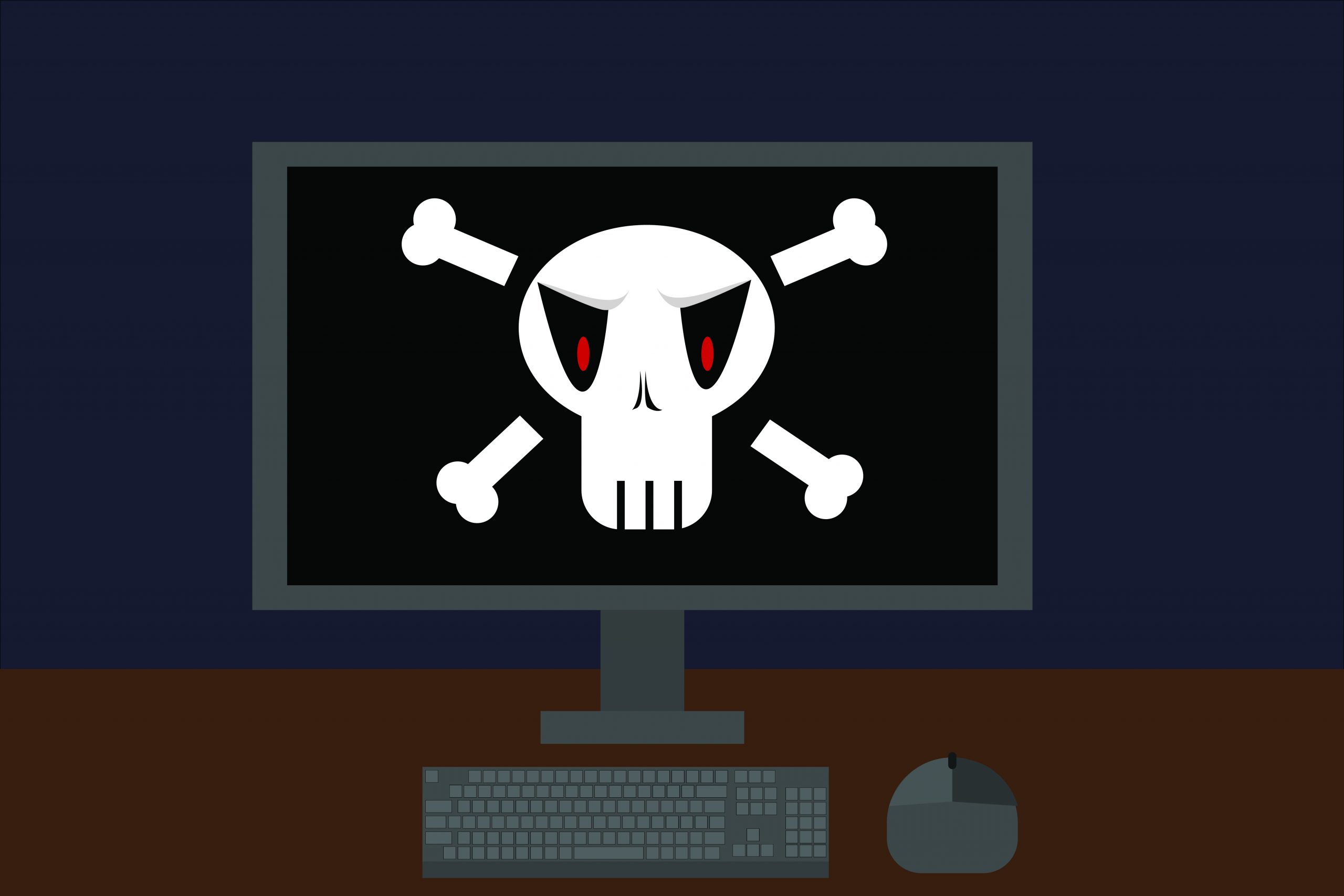 An illustration of a computer with a skull and crossbones on the screen in an article about hackers