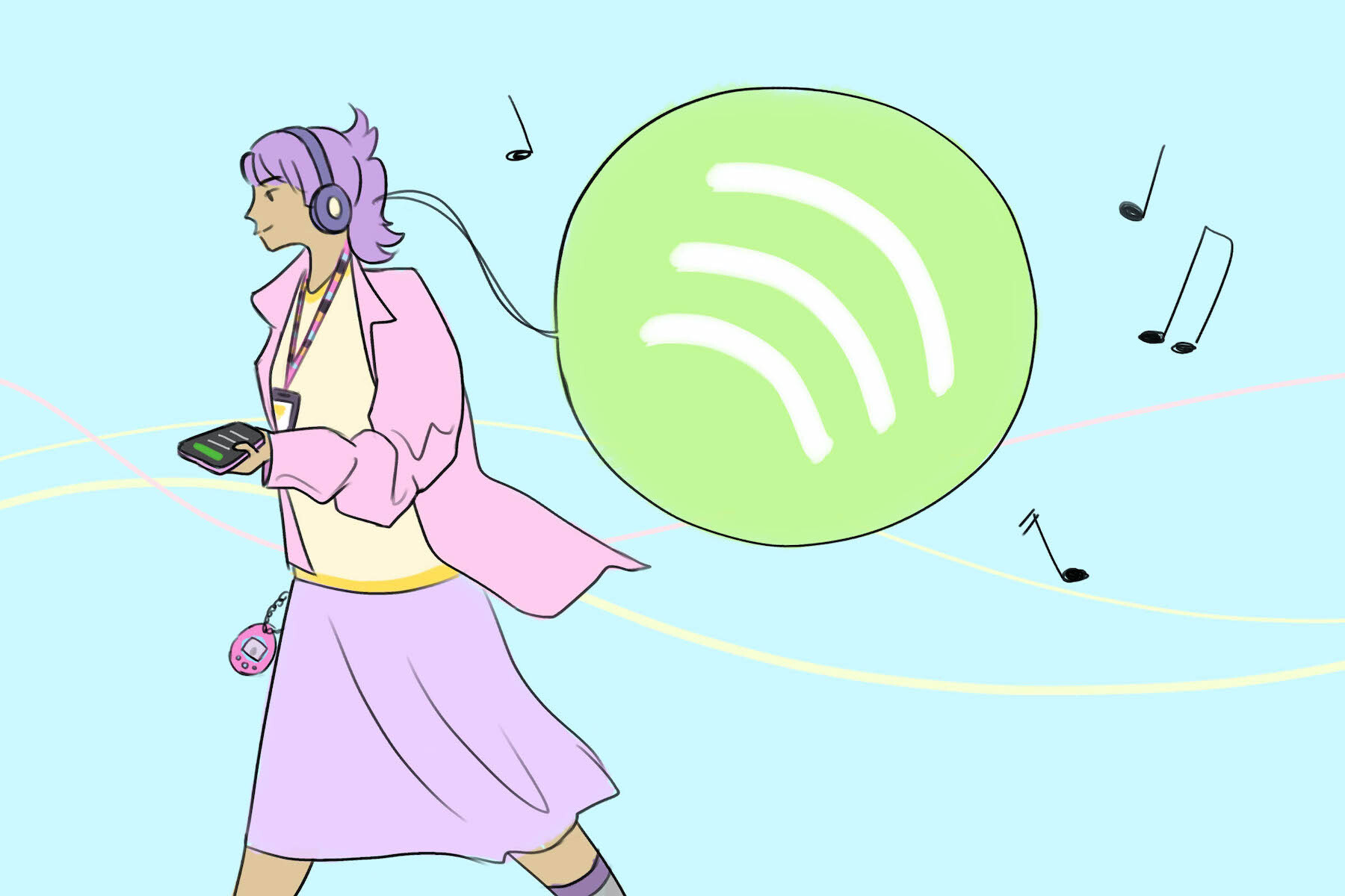In an article about Apple Music vs. Spotify, a woman walks with headphones in her ears and the Spotify logo following her.