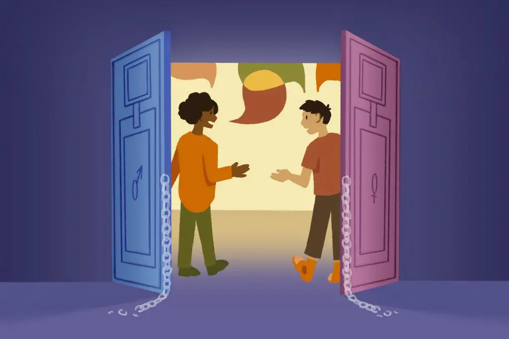 An illustration of two people breaking through doors, each of which are meant to represent a gender and its norms that are being broken.