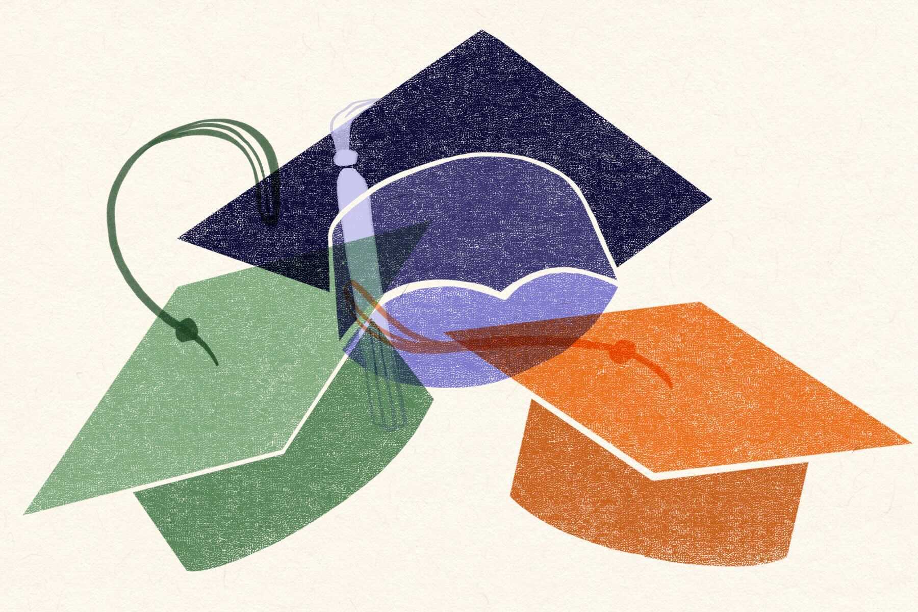 in an article about graduate school, an illustration of three mortarboards