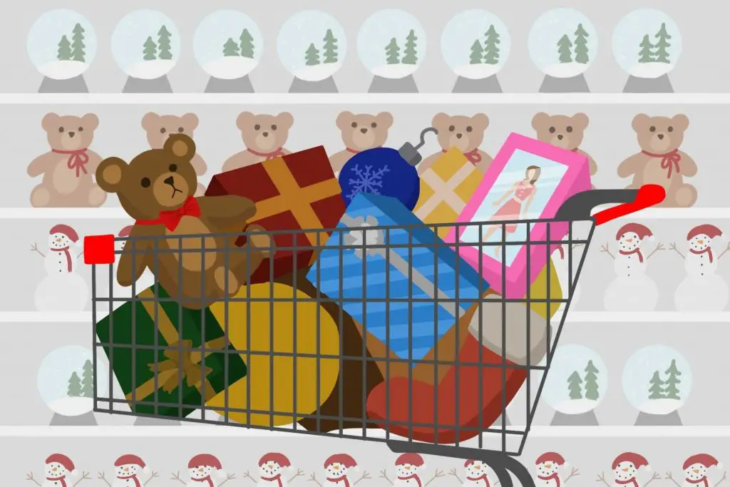 A shopping cart filled with Christmas gifts and toys