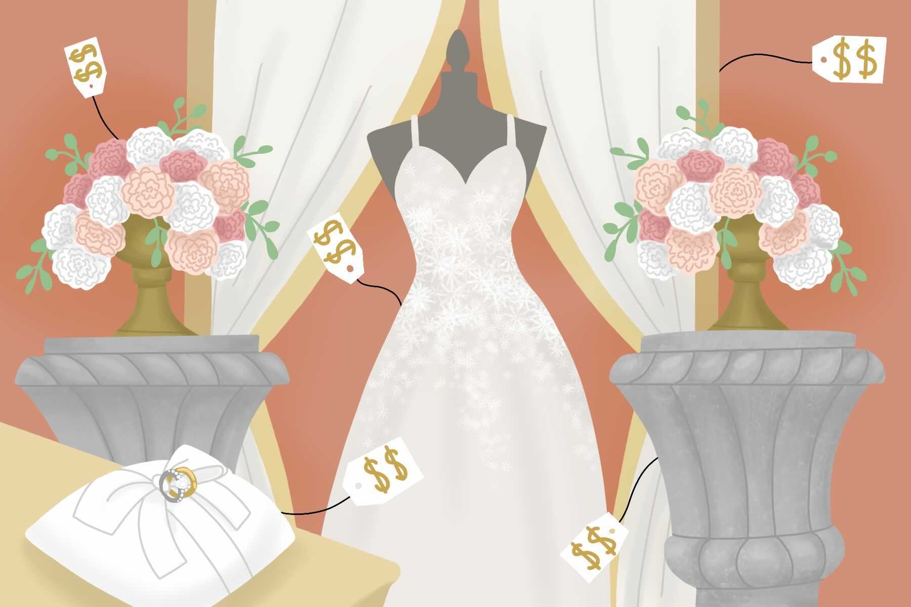 A wedding dress surrounded by flowers and price tags for an article about why weddings are expensive.