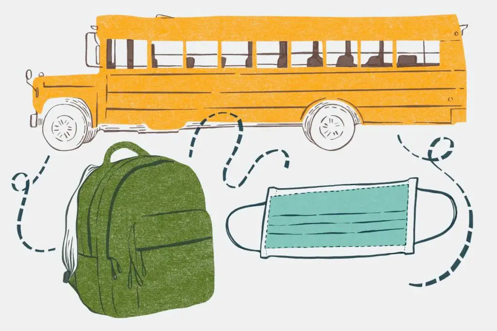 School bus, a backpack and a mask for an article about schools and the COVID-19 vaccine.